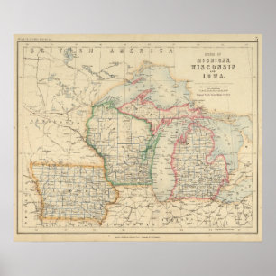 Póster Estados de Michigan, de Wisconsin e de Iowa