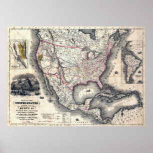 PÓSTER ESTADOS UNIDOS CALIFÓRNIA DOURADA RUSH MAP 1849