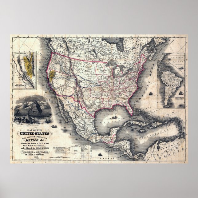 PÓSTER ESTADOS UNIDOS CALIFÓRNIA DOURADA RUSH MAP 1849 (Frente)