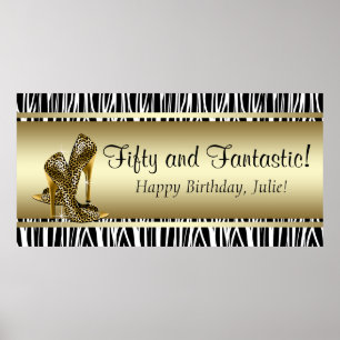 Poster Estandarte de festa de aniversário Leopardo Dourad