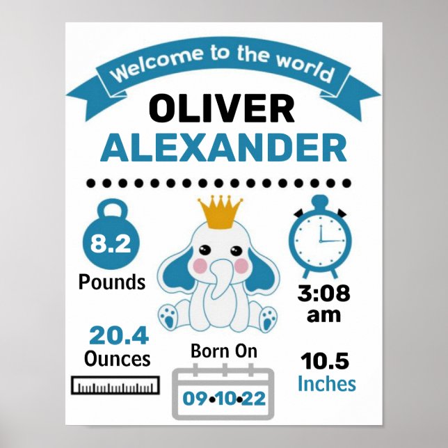 Poster Estatísticas de Nascimento de Bebês de Elefante Az (Frente)