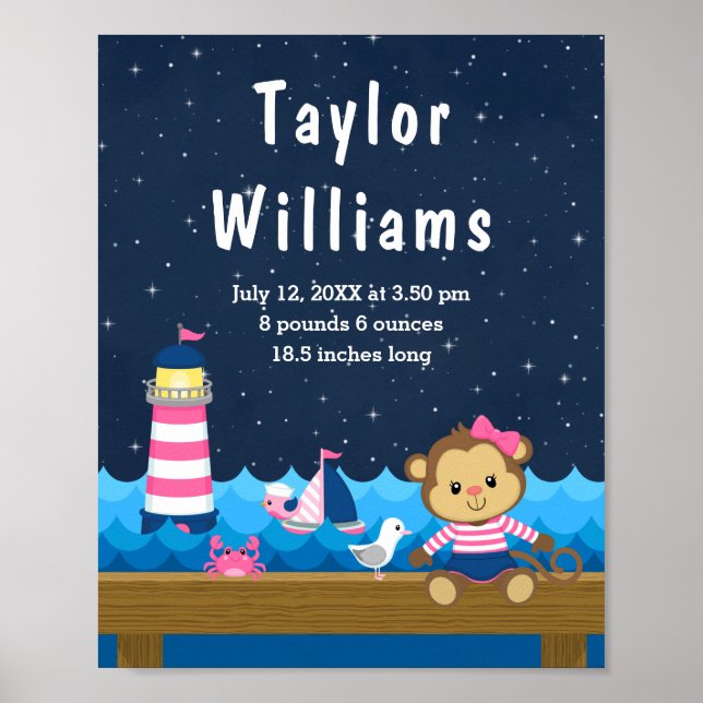 Poster Estatísticas de Nascimento do Macaco-Macaco Rosa-R (Frente)