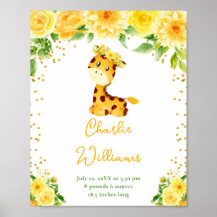 Poster Estatísticas de Nascimento Girafa Amarelo Floral