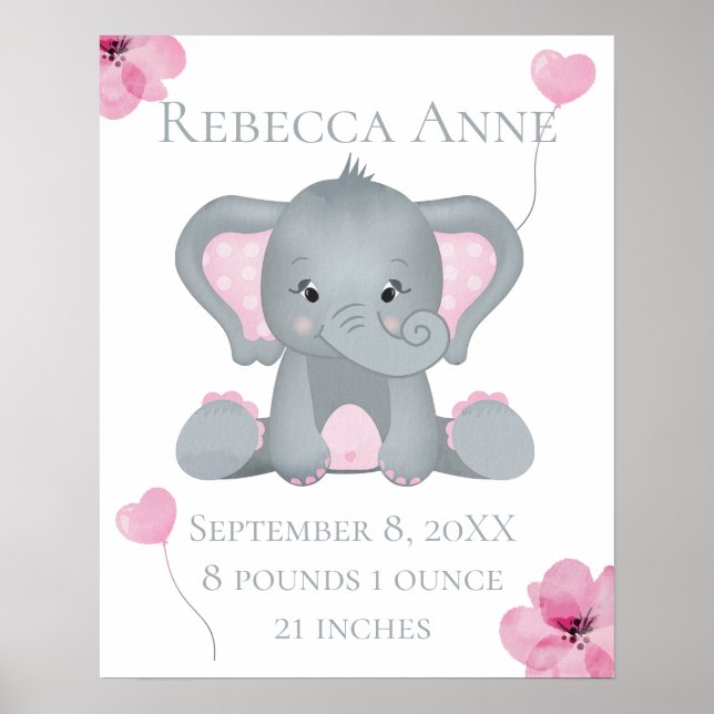 Poster Estatísticas de Nascimento Personalizadas Elefante (Frente)