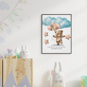 Poster Estatísticas de Nascimento Urso Bebê Rosa Nuvens A