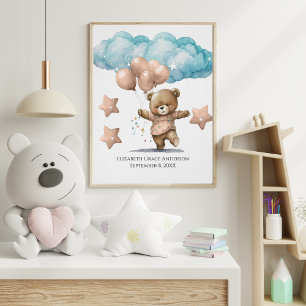 Póster Estatísticas de Nascimento Urso Bebê Rosa Nuvens A
