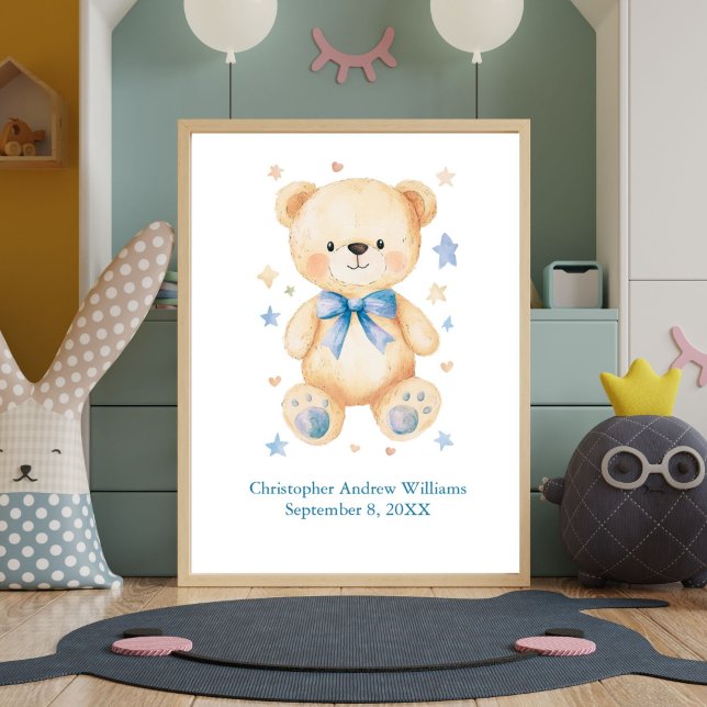 Poster Estatísticas de Nascimento Urso de Pelúcia Laço Az (Teddy Bear with Blue Boys Nursery Wall art print. Personalized with name and birthday birth stats)