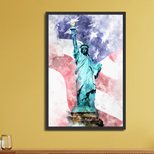 Poster Estátua da Liberdade com aguarela de bandeira