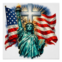 Póster Estátua da Liberdade com Bandeiras e Cruz