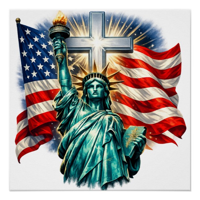 Póster Estátua da Liberdade com Bandeiras e Cruz (Frente)