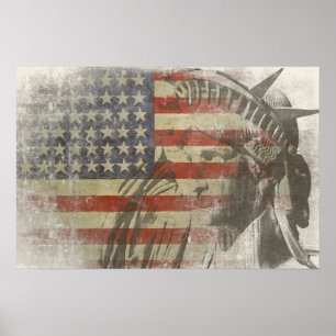 Poster Estátua da liberdade na bandeira americana do