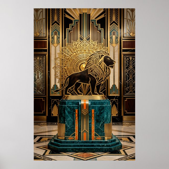 Poster Estátua de Leão Art Déco Real com Folha de Ouro (Frente)