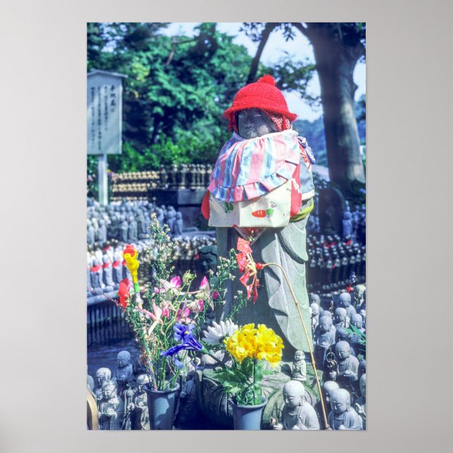 Poster Estátua de monge-do-jizo com bib e chapéu (Frente)
