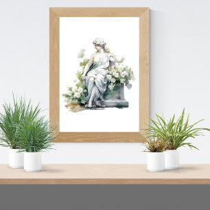 Poster Estátua de Mulher no Jardim Aquarela Floral Branca
