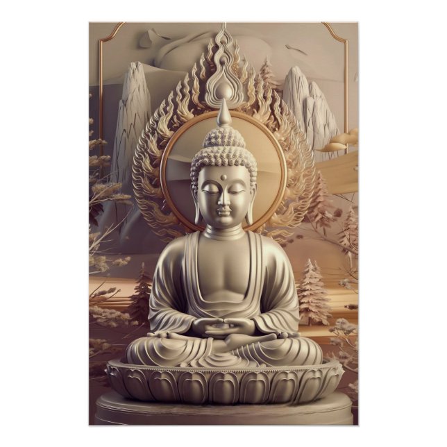 Póster Estátua de Serene Buddha na Paisagem Tranquila 3D (Frente)