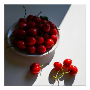 Póster Estética ainda vive com cerejas maduras em branco