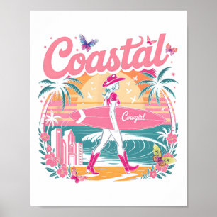 Poster Estética de Cowgirl Costeira Rosa Cowgirl Surfando