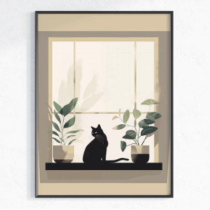 Poster Estética Minimalista de Gato Preto Neutro