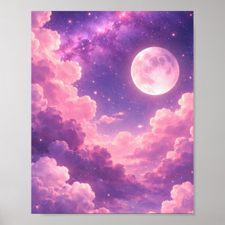 Poster Estético Galáxia Roxo Rosa Lua 20x25cm