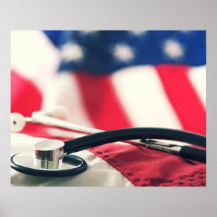 Póster Estetoscópio médico com bandeira americana