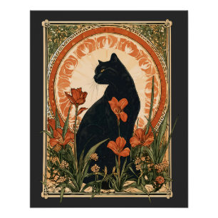 Póster Estilo Alphonse Mucha Arte Nova Gato Preto