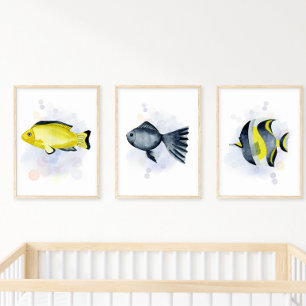 Poster Estilo Aquarela Peixe Tropical Azul Tema Oceano