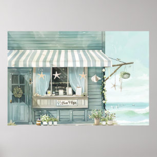 Poster estilo aquoso de ilustração de paisagem de praia f