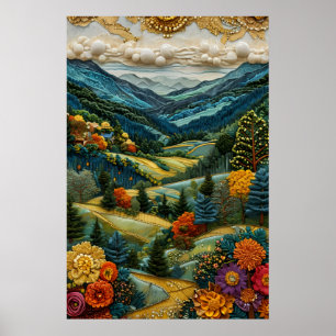 Poster Estilo Bordado Vale da Montanha Floral Vibrante 