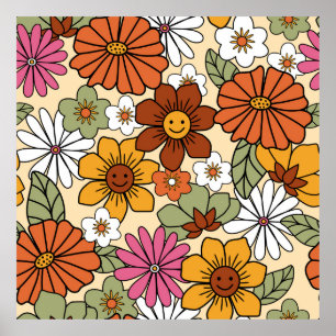 Poster Estilo colorido 70s retrô padrão floral. Vintage b