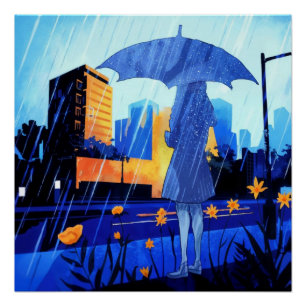 Póster Estilo de Animação Rainy Day Girl Poster Wall Art