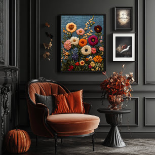 Poster Estilo de Bordado de Flor Selvagem Botânica Vintag