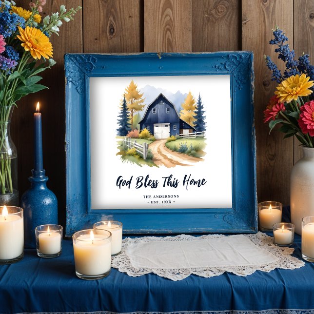 Poster Estilo de fazenda Clássico de Barn Russo Azul (Exquisite Blue Rustic Barn Classic Farmhouse Style Square Posters with Personalized Family Name)