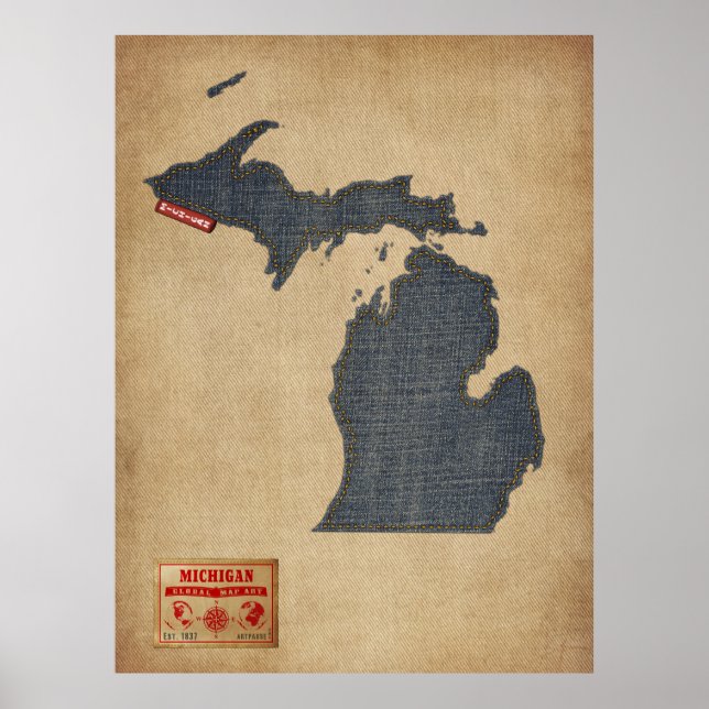 Póster Estilo de Jeans Denim do Mapa do Michigan (Frente)