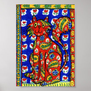 Póster Estilo de País Francês Red Paisley Cat Mini Foli