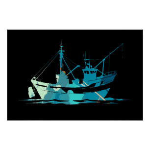 Póster Estilo de silhueta de ilustração da pesca de barco