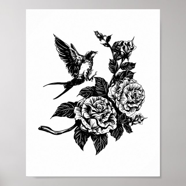 Poster Estilo de tatuagem de aves e rosas (Frente)