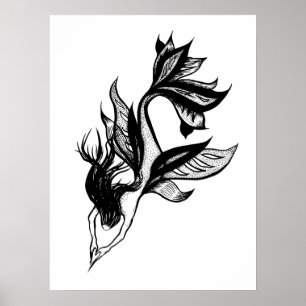 Poster Estilo de Tatuagem de Sereia Desenho de Tinta Somb