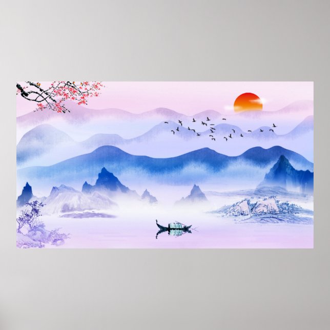 Poster Estilo de Tinta Chinesa pintando paisagem natural (Frente)