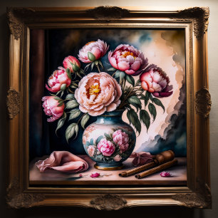 Poster Estilo de Vintagem Pintura de Buquê de Flores Vase