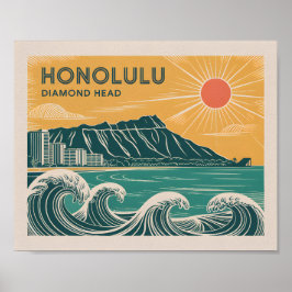 Poster Estilo do Médio do Século de Retrô Honolulu Oahu D