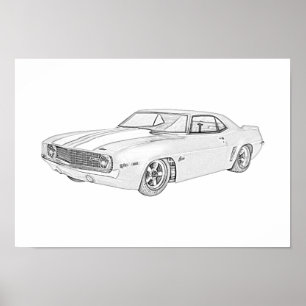 Póster Estilo Lápis Chevy Camaro, 1969, preto e branco