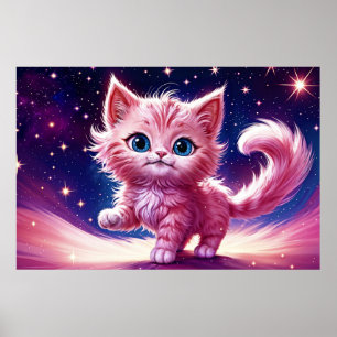 Poster Estilo moderno do felino rosa de animais cósmicos
