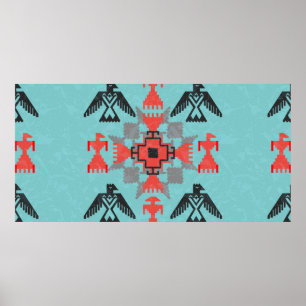 Poster Estilo Navajo, ornamento étnico com aves e abstra