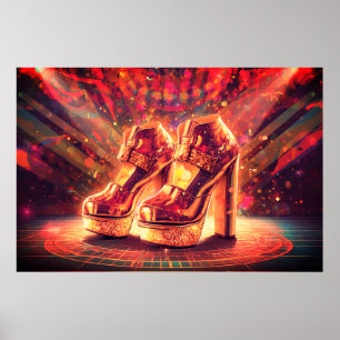 Poster Estilo Retro Anos 70 Sapatos Disco Dourados Empilh
