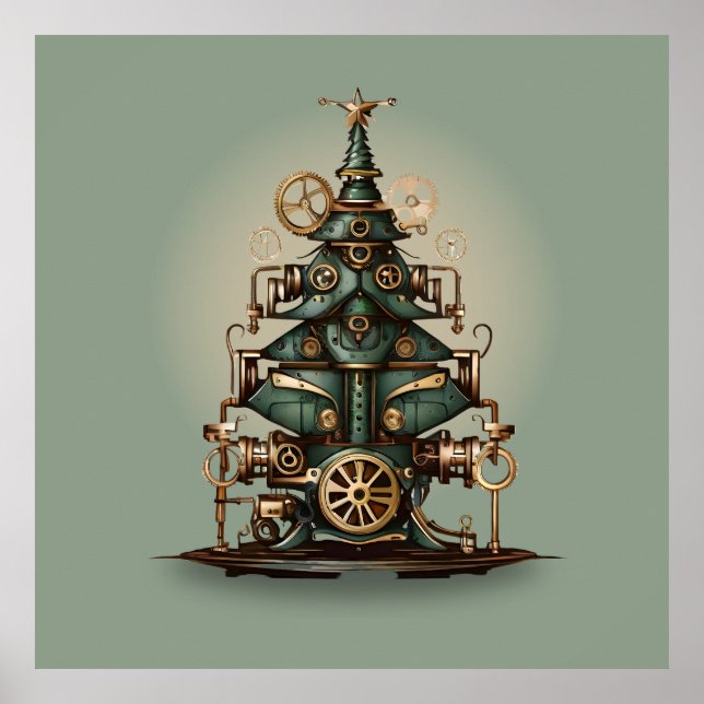 Poster Estilo Retroativo da Árvore de Natal Steampunk (Frente)