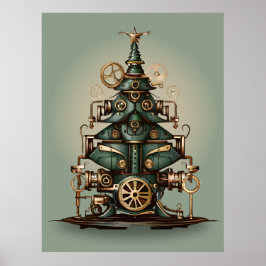 Poster Estilo Retroativo da Árvore de Natal Steampunk