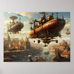 Poster Estilo Steampunk: Aeronaves e Zeppelins