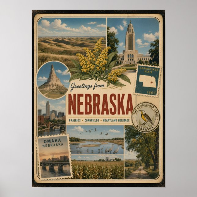 Poster Estilo Vintage Autêntico de Nebraska (Frente)