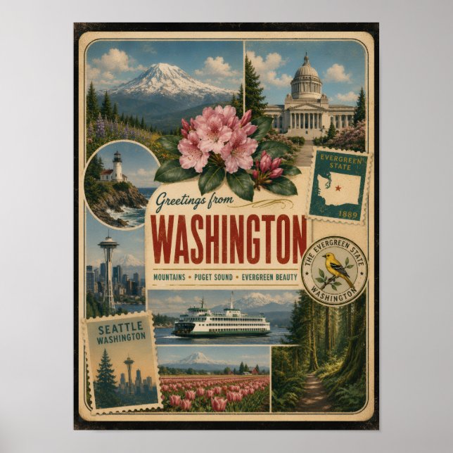 Poster Estilo Vintage Autêntico de Washington (Frente)