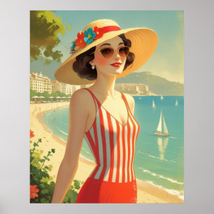 Poster Estilo Vintage Cote D'Azur Beach Girl